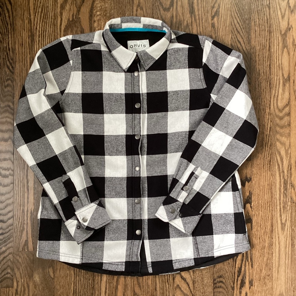 Orvis Plaid Flannel Snap Button Fleece Lined Shirt Shacket Size Large
